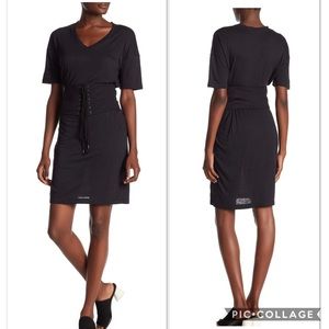 DAVID LERNER V-Neck Corset Belted T-Shirt Dress